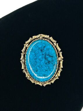 Vintage Bamboo Frame Faux Turquoise Brooch Pendant, Large 1970s Statement